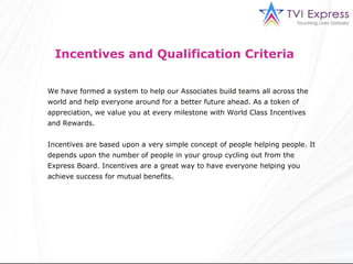 Incentives and Qualification Criteria  We have formed a system to help our Associates build teams all across the world and help everyone around for a better future ahead. As a token of appreciation, we value you at every milestone with World Class Incentives and Rewards.  Incentives are based upon a very simple concept of people helping people. It depends upon the number of people in your group cycling out from the Express Board. Incentives are a great way to have everyone helping you achieve success for mutual benefits. 