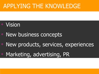 Vision New business concepts New products, services, experiences  Marketing, advertising, PR APPLYING THE KNOWLEDGE 