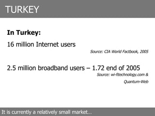 It is currently a relatively small market… In Turkey: 16 million Internet users 2.5 million broadband users – 1.72 end of 2005 Source: CIA World Factbook, 2005 Source: wi-fitechnology.com & Quantum-Web TURKEY 