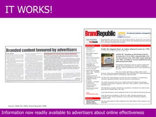 Source: NMA Oct 2005, Brand Republic 2006 IT WORKS! Information now readily available to advertisers about online effectiveness 