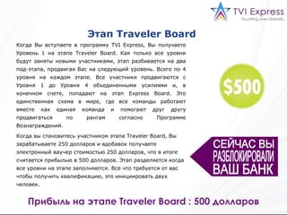 Когда Вы вступаете в программу  TVI Express,  Вы получаете Уровень 1 на этапе  Traveler Board . Как только все уровни будут заняты новыми участниками ,  этап разбивается на два под-этапа ,  продвигая Вас на следующий уровень. Всего по 4 уровня на каждом этапе. Все участники продвигаются с Уровня 1 до Уровня 4 объединенными усилиями и, в конечном счете, попадают на этап  Express Board.  Это единственная схема в мире, где все команды работают вместе как единая команда и помогают друг другу продвигаться по рангам согласно Программе Вознаграждений. Когда вы становитесь участником этапа  Traveler Board , Вы зарабатываете 250 долларов и вдобавок получаете электронный ваучер стоимостью 250 долларов, что в итоге считается прибылью в 500 долларов. Этап разделяется когда все уровни на этапе заполняются. Все что требуется от вас чтобы получить квалификацию, это инициировать двух человек. Этап  Traveler Board  Прибыль на этапе  Traveler Board : 500  долларов СЕЙЧАС ВЫ РАЗБЛОКИРОВАЛИ ВАШ БАНК 