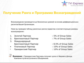 Вознаграждение производится до бесконечных уровней   на основе дифференциальных расчетов Вашей Организации . Ниже мы приводим таблицу различных рангов лидерства и соответствующие размеры вознаграждения : Внимание  :   Президентские Партнеры получают долю от Мирового Дохода Компании путем вступления в Объединение. Золотой Партнер     : 5% of Group Sales Бриллиантовый Партнер   : 7% of Group Sales Международный  Бриллиантовый Партнер :   8.5% of Group Sales Платиновый Партнер     : 10% of Group Sales Президентский   Партнер     : 10% of Group Sales Получение Ранга и Программа Вознаграждений 