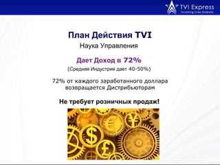 План Действия  TVI Наука Управления   ( Средняя Индустрия дает  40-50%)  Дает Доход в  72%   72%  от каждого заработанного доллара возвращается Дистрибьюторам Не требует розничных продаж !   