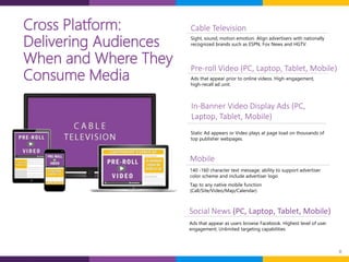 8
Cross Platform:
Delivering Audiences
When and Where They
Consume Media Ads that appear prior to online videos. High-engagement,
high-recall ad unit.
In-Banner Video Display Ads (PC,
Laptop, Tablet, Mobile)
Mobile
Pre-roll Video (PC, Laptop, Tablet, Mobile)
140 -160 character text message; ability to support advertiser
color scheme and include advertiser logo
Tap to any native mobile function
(Call/Site/Video/Map/Calendar)
Static Ad appears or Video plays at page load on thousands of
top publisher webpages.
Ads that appear as users browse Facebook. Highest level of user
engagement; Unlimited targeting capabilities
Sight, sound, motion emotion. Align advertisers with nationally
recognized brands such as ESPN, Fox News and HGTV.
Cable Television
Social News (PC, Laptop, Tablet, Mobile)
 