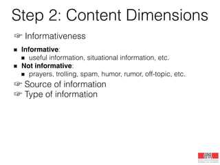 Step 2: Content Dimensions
☞ Informativeness
Informative:
useful information, situational information, etc.
Not informative:
prayers, trolling, spam, humor, rumor, off-topic, etc.
☞ Source of information
Primary sources
Eyewitness: citizen reporters, local individuals, direct experience
Secondary & tertiary sources
Government: authorities, police & ﬁre services, public institutions
NGOs: non-proﬁt org., non-governmental org., faith-based org.
Business: comercial org., enterprises, for-proﬁt corporation
Media: news org., journalists, news media!
☞ Type of information
!
!
!
!
!
!
 