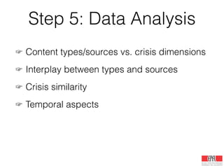 Step 5: Data Analysis
☞ Content types/sources vs. crisis dimensions
☞ Interplay between types and sources
☞ Crisis similarity
☞ Temporal aspects
 