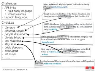 CrisisLex
API limits
• rigid query language
• limited volumes
Laconic language
Challenges
damage
affected people
people displaced
donate blood
text redcross
stay safe
crisis deepens
evacuated
toll raises
……
ICWSM 2014, Olteanu et al.
 