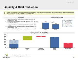 August2016_IR
$237
$334 
~$153 
$125 
$28 
 $‐
 $50
 $100
 $150
 $200
 $250
 $300
 $350
 $400
Pro Forma Cash Borrowing
Base
Outstanding
Letters of Credit
6.30.16
Liquidity
3Q‐4Q16 CapEx
$550
$510
12.31.15 6.30.16
16
Liquidity & Debt Reduction
 Q2 2016 liquidity of $334 million, pro forma for equity offering with net
proceeds of $123 million
 Conducted open market debt repurchases for ~$40 million of face amount at a
cost of 59.3% of face value
• Do not anticipate any further debt repurchases at current open market
prices
 Completed 3 non-core asset sales resulting in net cash proceeds of ~$14
million in first half 2016
 Plan to end 2016 with significant cash on hand and no incremental debt
 Eclipse is focused on maintaining a conservative balance sheet with strong liquidity to fund development of its world-class assets
 Strong pro forma liquidity with fully funded 2017 plan
Year to date, Eclipse
has reduced
outstanding debt by
~$40MM, resulting in
annual interest
savings of $3.5MM
1 Pro forma for equity offering net proceeds of $123 million
Highlights Senior Notes ($ MM)
Liquidity as of 6.30.16 ($ MM)1
 