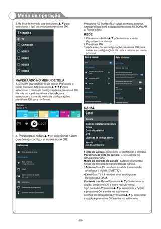 Menu de operação
2.Na lista de entrada use os botões para
selecionar o tipo de entrada e pressione OK.
▲ ▼
NAVEGANDO NO MENU DE TELA
1. Existem duas maneiras de entrar. Pressione o
botão menu no CR, pressione▲ ▼◀▶para
selecionar o menu de configurações e pressione OK.
Na tela principal pressione a tecla▶para
selecionar o ícone do menu de configurações,
pressione OK para confirmar.
2.Pressione o botão selecionar o item
que deseja configurar e pressione OK.
▲ ▼ p/
Pressione RETORNAR voltar ao menu anterior.
A tela principal será exibida e pressione RETORNAR
p/ fechar a tela.
p/
1.Pressione o botão p/ selecionar a rede
disponível que deseja.
2.Pressione OK.
3.Após executar a configuração pressione OK para
salvar as configurações de rede e retorne ao menu
principal.
▲ ▼
Entradas
Composto
HDMI1
HDMI2
HDMI3
HDMI4
TV
REDE
-19-
Canais
Opções de TV
Modo de apresenModo de imagem Legendas Altifalantes Energia Ginga
CANAL
Canal
Canais
Modo de instalação de canais
Antena
Controlo parental
MTS
Licen as de código abertoç
Vers oã
2.28.5 build 18321512
Fonte de Canais- Selecione p/ configurar a entrada.
Personalizar lista de canais- Crie sua lista de
canais preferidos.
Modo de entrada de canais- Selecione uma das
fontes de entrada de canal exibidas na tela.
•Antena- Sua TV receberá sinal de transmissão
analógica e digital (DVBT/T2).
•Cabo-Sua TV irá receber sinal analógico e
transmissão QAM.
Controle dos Pais- Pressione▲ ▼p/ selecionar a
opção, pressione OK e entre no sub-menu.
Tipo de áudio-Pressione▲ ▼p/ selecionar a opção
e pressione OK e entre no sub-menu.
Licença de fonte aberta-Pressione▲ ▼p/ selecionar
a opção e pressione OK e entre no sub-menu.
 