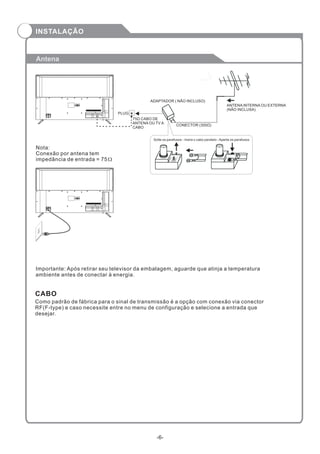 Antena
CABO
Como padrão de fábrica para o sinal de transmissão é a opção com conexão via conector
RF(F-type) e caso necessite entre no menu de configuração e selecione a entrada que
desejar.
Importante: Após retirar seu televisor da embalagem, aguarde que atinja a temperatura
ambiente antes de conectar à energia.
OUTDOOR OR INDOOR ANTENNA
Nota:
Conexão por antena tem
impedância de entrada = 75
PLUG
75Ω CABO DE
ANTENA OU TV A
CABO
ADAPTADOR ( NÃO INCLUSO)
CONECTOR (300Ω)
ANTENA INTERNA OU EXTERNA
(NÃO INCLUSA)
-6-
INSTALAÇÃO
Solte os parafusos - Insira o cabo paralelo - Aperte os parafusos
 