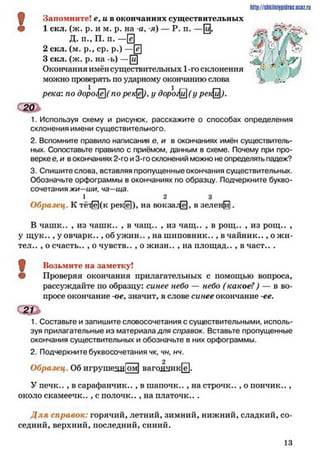 Запомните! е, и в окончаниях существительных
© 1 скл. (ж. р. и м. р. на а, я) — Р. п. —0 ,
Д. п., П. п. —ё
2 скл. (м. р., ср. р.) —ё
3 скл. (ж. р. на -ь) —[5]
Окончания имён существительных 1-го склонения
можно проверять по ударному окончанию слова
река: по доро$ё](по рек$), у д о р о ^ (у рен/[й).
1. Используя схему и рисунок, расскажите о способах определения
склонения имени существительного.
2. Вспомните правило написания е, и в окончаниях имён существитель­
ных. Сопоставьте правило с приёмом, данным в схеме. Почему при про­
верке е,и вокончаниях 2-го и 3-го склонений можно неопределять падеж?
3. Спишите слова, вставляя пропущенные окончания существительных.
Обозначьте орфограммы в окончаниях по образцу. Подчеркните букво­
сочетания жи—ши, ча—ща.
1 2 3
Образец. К тёт(е](к рек[е]), на в о кза.^, в зеленій).
В чашк.. , из чашк.. , в чащ.. , из чащ.. , в рощ.. , из рощ.. ,
у щук., , уовчарк.., об уж и н .., на ш иповник.., в чайник.., о ж и­
тел.. , о счасть.. , о чувств.. , о жизн.. , на илощад.. , в част.. .
Щ Возьмите на заметку!
® Проверяя окончания прилагательных с помощью вопроса,
рассуждайте по образцу: синее небо — небо (какое?) — в во­
просе окончание -ое, значит, в слове синее окончание -ее.
сш
1. Составьте и запишите словосочетания с существительными, исполь­
зуя прилагательные из материала для справок. Вставьте пропущенные
окончания существительных и обозначьте в них орфограммы.
2. Подчеркните буквосочетания чк, чн, нч.
2
Образец. Об игрушедн|ом| вагадшик©.
У п ечк.., в сарафанчик.., в ш апочк.., на строчк.., о пончик..,
около скамеечк.., с полочк.., на платочк...
Д ля справок: горячий, летний, зимний, нижний, сладкий, со­
седний, верхний, последний, синий.
http://shkilniypidric.ucoz.ru
1 3
 