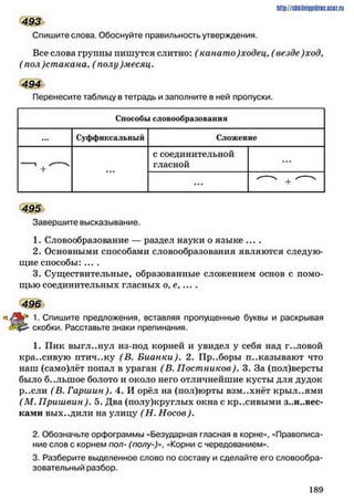 493
Спишите слова. Обоснуйте правильность утверждения.
Все слова группы пишутся слитно: ( канато)ходец, (везде)ход,
( пол )стакана»( полу )месяц.
494
Перенесите таблицу в тетрадь и заполните в ней пропуски.
http://SllkilnhlPidriC.lJCOZ.ru
Способы словообразования
... Суффиксальный Сложение
~~' + ' 4 ...
с соединительной
гласной
...
...
X- Ч + /- ч
495
Завершите высказывание.
1. Словообразование — раздел науки о языке ....
2. Основными способами словообразования являются следую­
щие способы: ....
3. Существительные, образованные сложением основ с помо­
щью соединительных гласных о, е, ... .
496
«а 1. Спишите предложения, вставляя пропущенные буквы и раскрывая
'Учр- скобки. Расставьте знаки препинания.
1. Пик выгл..нул из-под корней и увидел у себя над Г..ЛОВОЙ
кра..сивую птич..ку ( В. Бианки). 2. Пр..боры показывают что
наш (само)лёт попал в ураган (В. Постников). 3. За (пол)версты
было б..лыиое болото и около него отличнейшие кусты для дудок
р..ели (В. Гаршин). 4. И орёл на (нол)юрты взм..хнёт крыл..ями
(М. Приш вин). 5. Два (полу)круглых окна с красивыми з..навес­
ками вых..дили на улицу (Н. Носов).
2. Обозначьте орфограммы «Безударная гласная в корне», «Правописа­
ние слов с корнем пол- (полу-)», «Корни с чередованием».
3. Разберите выделенное слово по составу и сделайте его словообра­
зовательный разбор.
1 8 9
 