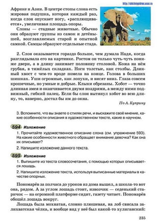 Африке и Азии. В центре стопы слона есть
жировая подушка, которая каждый раз,
когда слон опускает ногу, «расплющива­
ется», увеличивая площадь опоры.
Слоны — стадные животные. Обычно
они образуют группы из самок и детёны­
шей, возглавляемых старой и опытной
самкой. Самцы образуют отдельные стада.
2. Слон оказывается гораздо больше, чем думала Надя, когда
разглядывала его на картинке. Ростом он только чуть-чуть пони­
же двери, а в длину занимает половину столовой. Кожа на нём
грубая, в тяжёлых складках. Ноги толстые, как столбы. Длин­
ный хвост с чем-то вроде помела на конце. Голова в больших
шишках. Уши огромные, как лопухи, и висят вниз. Глаза совсем
крошечные, но умные и добрые. Клыки обрезаны. Хобот — точно
длинная змея и оканчивается двумя ноздрями, а между ними под­
вижный, гибкий палец. Если бы слон вытянул хобот во всю дли­
ну, то, наверно, достал бы им до окна.
По А. Куприну
3. Вспомните, что вы знаете о стилях речи, и выскажите своё мнение, ка­
кие особенности описания в художественном тексте, какие в научном.
594 Изложение
1. Прочитайте художественное описание слона (см. упражнение 593).
На какие особенности животного обращает внимание девочка? Как она
их описывает?
2. Напишите изложение данного текста.
595 Изложение
1. Выпишите из текста словосочетания, с помощью которых описывает­
ся лошадь.
2. Напишите изложение текста, используя выписанные материалы в ка­
честве опорных.
Пономарёв за полчаса до уроков из дома вышел, а школа-то вот
она, рядом. А за углом лошадь стоит, извозчик — седенький ста­
ричок — на огромной платформе сидит, газету читает. Пономарёв
обошёл лошадь вокруг.
Лошадь была мохнатая, словно плюшевая, на лоб свисала за­
лихватская чёлка, и вообще вид у неё был какой-то хулиганский:
http://slikiliiiypidric.icoz.rij
2 3 5
 