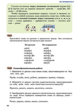 http://siikilniipidric.ucflz.ru
Глухие согласные перед звонкими согласными (кроме [в],
[в’]) звучат как их парные звонкие: просьба — про[з*]ба, сде­
лать — [заделать.
Чтобы проверить написание парных глухих и звонких со­
гласных в слабой позиции, надо изменить слово так, чтобы звук
оказался в сильной позиции: перед гласными или в, л, м, н, р:
снег — снега; рубашка — рубашечка; косьба — косить; рез­
кий — резок.
Прочитайте слова на русском и украинском языках. Чем отличается
произношение парных согласных в двух языках?
1. Образуйте от данных слов новые слова, заканчивающиеся на -Ока,
-жка, -шка, -дка.
Труба, голубь, нога, рубаха, дворняга, провод, тетрадь.
2. Образуйте от данных глаголов существительные, заканчивающиеся
на -сьба, -дьба, -тьба, -зьба. Какой звук слышится перед [б]?
Просить, резать, ходить, молотить, косить.
3. Преобразуйте данные наречия в прилагательные, заканчивающиеся
на -зкий. Устно подберите проверочное слово по образцу: узкий —
(каков?) узок.
Резко, дерзко, низко,вязко,скользко.
242
По-русски
ду[п]
По-украински
ду[б]
моро[з]
ка[з]ка
моло[д*]ба
ні[ж]ка
соло[д]кий
ні[г]ті
моро[с]
ска[с]ка
моло[д’]ба
но[ш]ка
сла[т]кий
но[к]ти
243 Словообразовательная работа
9 6
 