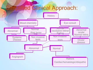 Simplified Clinical Approach:
History
Blood chemistry
Abnormal
Systemic
Disease
Normal
Risk factor
Non invasive
tests
Abnormal Normal
Rethink
Cardiac/hematologic/idiopathic
Angiogram
Eye consult
Normal
/occlusive retinal
finding
Non invasive
tests
Abnormal
ocular
Normal retina
Ocular
disease
 