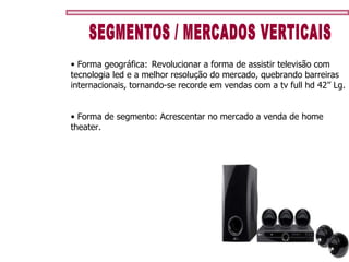 SEGMENTOS / MERCADOS VERTICAIS Forma geográfica:  Revolucionar a forma de assistir televisão com tecnologia led e a melhor resolução do mercado, quebrando barreiras internacionais, tornando-se recorde em vendas com a tv full hd 42’’ Lg. Forma de segmento: Acrescentar no mercado a venda de home theater. 
