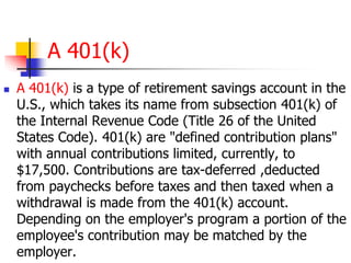 A 401(k) 
 A 401(k) is a type of retirement savings account in the 
U.S., which takes its name from subsection 401(k) of 
the Internal Revenue Code (Title 26 of the United 
States Code). 401(k) are "defined contribution plans" 
with annual contributions limited, currently, to 
$17,500. Contributions are tax-deferred ,deducted 
from paychecks before taxes and then taxed when a 
withdrawal is made from the 401(k) account. 
Depending on the employer's program a portion of the 
employee's contribution may be matched by the 
employer. 
 