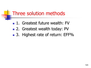 123 
Three solution methods 
 1. Greatest future wealth: FV 
 2. Greatest wealth today: PV 
 3. Highest rate of return: EFF% 
 