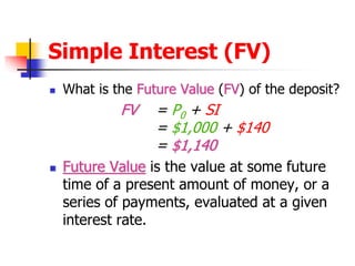 Simple Interest (FV) 
 What is the Future Value (FV) of the deposit? 
FV = P0 + SI 
= $1,000 + $140 
= $1,140 
 Future Value is the value at some future 
time of a present amount of money, or a 
series of payments, evaluated at a given 
interest rate. 
 