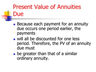Present Value of Annuities 
Due 
 Because each payment for an annuity 
due occurs one period earlier, the 
payments 
 will all be discounted for one less 
period. Therefore, the PV of an annuity 
due must 
 be greater than that of a similar 
ordinary annuity. 
 