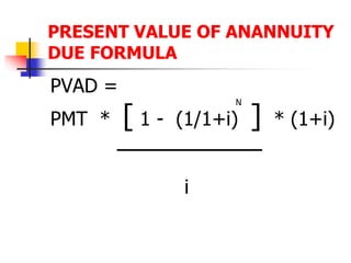 PRESENT VALUE OF ANANNUITY 
DUE FORMULA 
PVAD = 
PMT * [ 1 - (1/1+i) ] * (1+i) 
ـــــــــــــــــــــــــــــ 
i 
N 
 