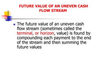 FUTURE VALUE OF AN UNEVEN CASH 
FLOW STREAM 
 The future value of an uneven cash 
flow stream (sometimes called the 
terminal, or horizon, value) is found by 
compounding each payment to the end 
of the stream and then summing the 
future values 
 