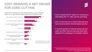 TV Media 2016 Ericsson ConsumerLab Presentation | © Ericsson AB 2016 | 2016-11-01 | Page 55 (65)
COST REMAINS A KEY DRIVER
FOR CORD CUTTING
43%
27%
21%
16%
12%
11%
12%
38%
32%
25%
17%
9%
7%
6%
Costs, wanted or needed to save money
Do not watch enough to justify the cost
Using other free TV/Video services through
Internet instead
Other reason
Not satisfied with how the -service works
Paying for using other TV/Video services
through Internet instead
No package suits me (I would like to pick and
choose)
I have already seen all the content worth
watching in the service
Paid Scheduled linear TV services
Paid Internet based video services
Reasons for increasing TV and media spending – paid scheduled
linear TV v.s. paid internet based video services [Self-reported]:
Source: Ericsson ConsumerLab TV & Media 2016 Study
BASE: Population aged 16-59 with broadband at home who watch any type of TV/Video at least weekly and have decreased
their paid scheduled linear TV spending or their internet based video spending during the past 12 months in Australia,
Brazil, Canada, China, Colombia, Dominican Republic, Germany, Greece, India, Italy, Mexico, Netherlands, Poland,
Portugal, Russia, South Africa, South Korea, Spain, Sweden, Taiwan, UK & US
› Cost is clearly the #1 reason for reducing or
eliminating the TV video service spending
› Only 10 percent cut or shave because they
have found another internet based service
› A mere 6 percent of internet based service
users quit their service because they have
depleted the catalogue of viewable content
 