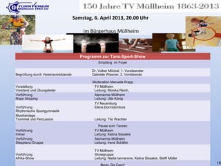 Samstag, 6. April 2013, 20.00 Uhr
im Bürgerhaus Müllheim
Programm zur Tanz-Sport-Show
Empfang im Foyer
Begrüßung durch Vereinsvorsitzende
Dr. Volker Möckel, 1. Vorsitzender
Gabriele Wiesner, 2. Vorsitzende
Moderation Manuela Krapp
Vorstellung
Vorstand und Übungsleiter
TV Müllheim
Leitung: Monika Reich,
Vorführung
Rope Skipping
Alemannia Müllheim
Leitung: Ulla König
Vorführung
Rhythmische Sportgymnastik
TV Neuenburg
Elena Dormidontova
Musikeinlage
Trommel und Percussion Leitung: Tilo Wachter
Pause zum Tanzen
Vorführung
Inliner
TV Müllheim
Leitung: Katina Sissakis
Vorführung
Stepptanz-Gruppe
Alemannia Müllheim
Leitung: Irene Schäfer
Vorführung
Afrika-Show
TV Müllheim
Showgruppe
Leitung: Nadia Iannarone, Katina Sissakis, Steffi Müller
10
 