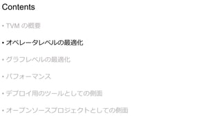 Contents
• TVM の概要
• オペレータレベルの最適化
• グラフレベルの最適化
• パフォーマンス
• デプロイ用のツールとしての側面
• オープンソースプロジェクトとしての側面
 