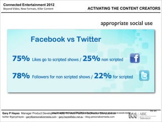 Connected Entertainment 2012
Beyond	
  Video,	
  New	
  Formats,	
  Killer	
  Content
Gary P Hayes Manager Product Development ABC TV Multi Platform & Director StoryLabs.us
twitter @garyphayes - gary@personalizemedia.com - gary.hayes@abc.net.au - blog personalizemedia.com
the wit
appropriate social use
http://blog.mipworld.com/2012/04/liveblog-the-wit-unveils-top-tv-shows-in-social-media/
ACTIVATING THE CONTENT CREATORS
 