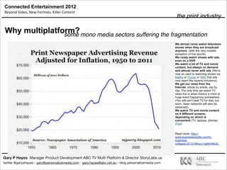 Connected Entertainment 2012
Beyond	
  Video,	
  New	
  Formats,	
  Killer	
  Content
Gary P Hayes Manager Product Development ABC TV Multi Platform & Director StoryLabs.us
twitter @garyphayes - gary@personalizemedia.com - gary.hayes@abc.net.au - blog personalizemedia.com
some mono media sectors suffering the fragmentation
We almost never watch television
shows when they are broadcast
anymore (with the very notable
exception of live sports)
We rarely watch shows with ads,
even on a DVR
We watch a lot of TV and movie
content, but always on demand
and almost never with ads (We're
now so used to watching shows via
Netflix or iTunes or HBO that ads
now seem like bizarre intrusions)
We get our news from the
Internet, article by article, clip by
clip. The only time we watch TV
news live is when there's a crisis or
huge event happening somewhere.
(You still can't beat TV for that, but
soon, news networks will also be
streamed).
We watch TV and movie content
on 4 different screens,
depending on which is
convenient (TV, laptops, phones,
iPad)
Read more: http://
www.businessinsider.com/tv-
business-
collapse-2012-6#ixzz1xgMmMs3L
Why multiplatform?
the print industry
 