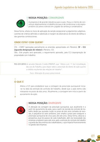NOSSA POSIÇÃO: CONVERGENTE
A proposta é de grande relevância para o país. Possui o mérito de con-
ceituar objetivamente o trabalho escravo e de condicionar o ato expro-
priatório ao prévio trânsito em julgado da sentença condenatória.
Dessa forma, afasta os riscos de aplicação da sanção excepcional a julgamentos subjetivos,
carentes de critérios definidos e sobretudo à margem da observância do direito de defesa e
das garantias constitucionais.
ONDE ESTÁ? COM QUEM?
CN – CMIST (aprovadas parcialmente as emendas apresentadas em Plenário). SF – CCJ
(aguarda designação de relator) e Plenário. CD.
Obs.: Este projeto será apreciado, a requerimento aprovado, pela CCJ (expropriação de
propriedade com trabalho).
PLS 231/2014 do senador Marcelo Crivella (PRB/RJP), que “Altera o art. 11 da Consolidação
das Leis do Trabalho, para dispor sobre a prescrição do direito de ação quanto
a créditos resultantes das relações de trabalho”.
	 Foco: Alteração do prazo prescricional.
O QUE É
Altera a CLT para estabelecer que a contagem da prescrição quinquenal inicia-
-se na data da extinção do contrato de trabalho, desde que a ação tenha sido
interposta no prazo de dois anos. Atualmente, a contagem tem início a partir do
ajuizamento da ação.
NOSSA POSIÇÃO: DIVERGENTE
A alteração da contagem da prescrição quinquenal, que atualmente é a
partir do ajuizamento da ação, para a partir da rescisão do contrato de tra-
balho desde que ajuizada a ação no prazo de dois anos contados da resci-
são, é prejudicial ao setor produtivo, pois amplia o prazo para assegurar a
prescrição quinquenal de cinco para até sete anos. Dessa forma, eleva-se a
perspectiva atual do passivo de cada trabalhador, além da necessidade das
empresas ampliarem para sete anos após a extinção do contrato de trabalho
a guarda dos documentos dos trabalhadores, o que impacta financeiramente
na gestão das empresas.
Agenda Legislativa da Indústria 2015
127
 