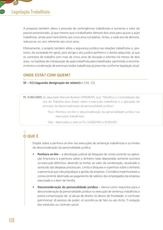 A proposta também altera a provisão de contingências trabalhistas e aumenta o valor do
passivo provisionado, já que mesmo que o trabalhador demore dois anos para ajuizar a ação
trabalhista, ainda assim terá direito aos cinco anos completos. Antes, a cada ano de demora,
reduzia-se um ano referente aos cinco anos.
Efetivamente, o projeto também afeta a segurança jurídica nas relações trabalhistas e, por-
tanto, da sociedade em geral, pois atinge o ato jurídico perfeito e o direito adquirido, já que
os contratos de trabalho com mais de cinco anos de duração e extintos há menos de dois
anos, na hipótese de interposição de ação trabalhista pelo trabalhador, permitirão o reconhe-
cimento e condenação de eventuais lesões trabalhistas já prescritas conforme legislação atual.
ONDE ESTÁ? COM QUEM?
SF – CCJ (aguarda designação de relator) e CAS. CD.
PL 5140/2005 do deputado Marcelo Barbieri (PMDB/SP), que “Modifica a Consolidação das
Leis do Trabalho para dispor sobre a execução trabalhista e a aplicação do
princípio da desconsideração da personalidade jurídica”.
	 Foco: Penhora on-line e desconsideração da personalidade jurídica nas
execuções trabalhistas.
	 Obs.: Apensados a este os PLs 5328/2005 e 870/2007.
O QUE É
Dispõe sobre a penhora on-line nas execuções de sentenças trabalhistas e os limites
da desconsideração da personalidade jurídica.
•	 Penhora on-line – a decretação judicial do bloqueio de conta-corrente ou aplica-
ção financeira e a penhora sobre o dinheiro nelas depositado somente ocorrerá
na execução definitiva, devendo se limitar ao valor da condenação, atualizado e
acrescido das despesas processuais. Limita o bloqueio e a penhora sobre o dinheiro
a percentual que não prejudique a gestão da empresa. Considera impenhoráveis a
conta-corrente destinada ao pagamento de salários dos empregados da empresa
executada e o bem de família.
•	 Desconsideração da personalidade jurídica – elenca como requisitos para a
desconsideração da personalidade jurídica na execução de sentença trabalhista a
prévia comprovação de: a) abuso de direito; b) desvio de finalidade; c) confusão
patrimonial; d) excesso de poder; e) ocorrência de fato ou ato ilícito; f) violação
dos estatutos ou contrato social.
Legislação Trabalhista
128
 