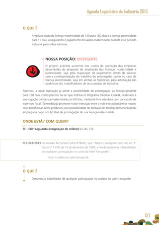 O QUE É
Amplia o prazo da licença-maternidade de 120 para 180 dias e a licença-paternidade
para 15 dias, assegurando o pagamento do salário-maternidade durante esse período
inclusive para mães adotivas.
NOSSA POSIÇÃO: DIVERGENTE
O projeto acarreta aumento nos custos de operação das empresas
decorrentes da proposta de ampliação das licenças maternidade e
paternidade, seja pela majoração de pagamento direto de salários
sem a contraprestação do trabalho do empregado, como no caso da
licença paternidade, seja em ambas as hipóteses, pela ampliação das
ausências dos trabalhadores de seus postos de trabalho.
Ademais, a atual legislação já prevê a possibilidade de prorrogação da licença-gestante
para 180 dias, como previsto na Lei que instituiu o Programa Empresa Cidadã, destinado à
prorrogação da licença-maternidade por 60 dias, mediante livre adesão e com concessão de
incentivo fiscal. Tal medida já promove maior interação entre a mãe e o seu bebê e se mostra
mais benéfica ao setor produtivo, pela possibilidade de dedução do total da remuneração da
empregada pago nos 60 dias de prorrogação de sua licença-maternidade.
ONDE ESTÁ? COM QUEM?
SF - CDH (aguarda designação de relator) e CAS. CD.
PLS 242/2013 do senador Fernando Collor (PTB/AL), que “Altera o parágrafo único do art. 4º
da Lei nº 7.418, de 16 de dezembro de 1985, a fim de desonerar o trabalhador
de qualquer participação no custo do Vale-Transporte”.
	 Foco: Custeio do vale-transporte.
O QUE É
Desonera o trabalhador de qualquer participação no custeio do vale-transporte.
Agenda Legislativa da Indústria 2015
137
 