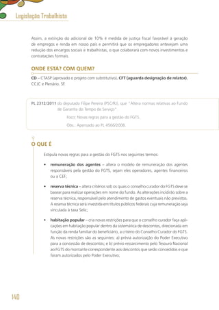 Assim, a extinção do adicional de 10% é medida de justiça fiscal favorável à geração
de empregos e renda em nosso país e permitirá que os empregadores antevejam uma
redução dos encargos sociais e trabalhistas, o que colaborará com novos investimentos e
contratações formais.
ONDE ESTÁ? COM QUEM?
CD – CTASP (aprovado o projeto com substitutivo), CFT (aguarda designação de relator),
CCJC e Plenário. SF.
PL 2312/2011 do deputado Filipe Pereira (PSC/RJ), que “Altera normas relativas ao Fundo
de Garantia do Tempo de Serviço”.
	 Foco: Novas regras para a gestão do FGTS.
	 Obs.: Apensado ao PL 4566/2008.
O QUE É
Estipula novas regras para a gestão do FGTS nos seguintes termos:
•	 remuneração dos agentes – altera o modelo de remuneração dos agentes
responsáveis pela gestão do FGTS, sejam eles operadores, agentes financeiros
ou a CEF;
•	 reserva técnica – altera critérios sob os quais o conselho curador do FGTS deve se
basear para realizar operações em nome do fundo. As alterações incidirão sobre a
reserva técnica, responsável pelo atendimento de gastos eventuais não previstos.
A reserva técnica será investida em títulos públicos federais cuja remuneração seja
vinculada à taxa Selic;
•	 habitação popular – cria novas restrições para que o conselho curador faça apli-
cações em habitação popular dentro da sistemática de descontos, direcionada em
função da renda familiar do beneficiário, a critério do Conselho Curador do FGTS.
As novas restrições são as seguintes: a) prévia autorização do Poder Executivo
para a concessão de descontos; e b) prévio ressarcimento pelo Tesouro Nacional
ao FGTS do montante correspondente aos descontos que serão concedidos e que
foram autorizados pelo Poder Executivo;
Legislação Trabalhista
140
 