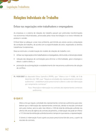 Relações Individuais de Trabalho
Ênfase nas negociações entre trabalhadores e empregadores
As empresas e o sistema de relações do trabalho passam por profundas transformações
nas economias industrializadas, provocadas pelas novas tecnologias e os novos métodos de
produzir e vender.
O Brasil deve se adequar a esse novo ambiente, permitindo aos atores sociais a estipulação
de condições de trabalho, de acordo com as especificidades do setor, respeitados os direitos
trabalhistas fundamentais.
Deve-se estimular a modernização do modelo de relações de trabalho com:
•	 ênfase nas negociações entre trabalhadores e empregadores, diminuindo a intervenção estatal;
•	 redução das despesas de contratação para eliminar a informalidade, gerar empregos e
elevar o salário direto; e
•	 promoção da autorregulação e estabelecimento de mecanismos autônomos de solução
de conflitos.
PL 1439/2007 do deputado Dilceu Sperafico (PP/PR), que “Altera a Lei nº 4.886, de 9 de
dezembro de 1965, que “Regula as atividades dos representantes comerciais
autônomos”, estabelecer prazo prescricional e alterar o valor da indenização
por rompimento contratual.”
	 Foco: Prescrição e indenização nos contratos dos representantes comerciais
autônomos.
O QUE É
Altera a lei que regula a atividade dos representantes comerciais autônomos para esta-
belecer que a indenização dos representantes comerciais, devida na rescisão contratual
sem justo motivo, será no valor não inferior a 1/20 do total da retribuição auferida nos
últimos três anos de vigência do contrato (atualmente, a indenização não pode ser inferior
a 1/12 do total da retribuição auferida durante o tempo em que exerceu a representação).
O direito à indenização ficará sujeito ao prazo prescricional de dois anos, a partir da
rescisão do contrato.
Legislação Trabalhista
142
 
