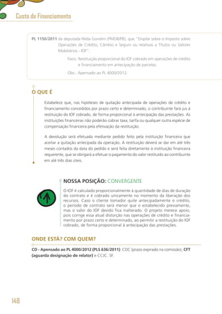 PL 1150/2011 da deputada Nilda Gondim (PMDB/PB), que “Dispõe sobre o Imposto sobre
Operações de Crédito, Câmbio e Seguro ou relativas a Títulos ou Valores
Mobiliários - IOF”.
	 Foco: Restituição proporcional do IOF cobrado em operações de crédito
e financiamento em antecipação de parcelas.
	 Obs.: Apensado ao PL 4000/2012.
O QUE É
Estabelece que, nas hipóteses de quitação antecipada de operações de crédito e
financiamento concedidos por prazo certo e determinado, o contribuinte fará jus à
restituição do IOF cobrado, de forma proporcional à antecipação das prestações. As
instituições financeiras não poderão cobrar taxa, tarifa ou qualquer outra espécie de
compensação financeira pela efetivação da restituição.
A devolução será efetuada mediante pedido feito pela instituição financeira que
aceitar a quitação antecipada da operação. A restituição deverá se dar em até três
meses contados da data do pedido e será feita diretamente à instituição financeira
requerente, que se obrigará a efetuar o pagamento do valor restituído ao contribuinte
em até três dias úteis.
NOSSA POSIÇÃO: CONVERGENTE
O IOF é calculado proporcionalmente à quantidade de dias de duração
do contrato e é cobrado unicamente no momento da liberação dos
recursos. Caso o cliente tomador quite antecipadamente o crédito,
o período de contrato será menor que o estabelecido previamente,
mas o valor do IOF devido fica inalterado. O projeto merece apoio,
pois corrige essa atual distorção nas operações de crédito e financia-
mento por prazo certo e determinado, ao permitir a restituição do IOF
cobrado, de forma proporcional à antecipação das prestações.
ONDE ESTÁ? COM QUEM?
CD - Apensado ao PL 4000/2012 (PLS 636/2011): CDC (prazo expirado na comissão), CFT
(aguarda designação de relator) e CCJC. SF.
Custo de Financiamento
148
 