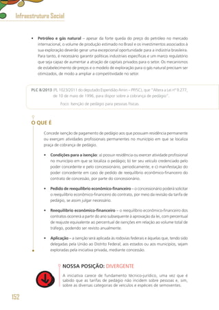 •	 Petróleo e gás natural – apesar da forte queda do preço do petróleo no mercado
internacional, o volume de produção estimado no Brasil e os investimentos associados à
sua exploração deverão gerar uma excepcional oportunidade para a indústria brasileira.
Para tanto, é necessário garantir políticas industriais específicas e um marco regulatório
que seja capaz de aumentar a atração de capitais privados para o setor. Os mecanismos
de estabelecimento de preços e o modelo de exploração para o gás natural precisam ser
otimizados, de modo a ampliar a competitividade no setor.
PLC 8/2013 (PL 1023/2011 do deputado Esperidião Amin – PP/SC), que “Altera a Lei nº 9.277,
de 10 de maio de 1996, para dispor sobre a cobrança de pedágio”.
	 Foco: Isenção de pedágio para pessoas físicas.
O QUE É
Concede isenção de pagamento de pedágio aos que possuam residência permanente
ou exerçam atividades profissionais permanentes no município em que se localiza
praça de cobrança de pedágio.
•	 Condições para a isenção: a) possuir residência ou exercer atividade profissional
no município em que se localiza o pedágio; b) ter seu veículo credenciado pelo
poder concedente e pelo concessionário, periodicamente; e c) manifestação do
poder concedente em caso de pedido de reequilíbrio econômico-financeiro do
contrato de concessão, por parte do concessionário.
•	 Pedido de reequilíbrio econômico-financeiro – o concessionário poderá solicitar
o reequilíbrio econômico-financeiro do contrato, por meio da revisão da tarifa de
pedágio, se assim julgar necessário.
•	 Reequilíbrio econômico-financeiro – o reequilíbrio econômico-financeiro dos
contratos ocorrerá a partir do ano subsequente à aprovação da lei, com percentual
de reajuste equivalente ao percentual de isenções em relação ao volume total de
tráfego, podendo ser revisto anualmente.
•	 Aplicação – a isenção será aplicada às rodovias federais e àquelas que, tendo sido
delegadas pela União ao Distrito Federal, aos estados ou aos municípios, sejam
exploradas pela iniciativa privada, mediante concessão.
NOSSA POSIÇÃO: DIVERGENTE
A iniciativa carece de fundamento técnico-jurídico, uma vez que é
sabido que as tarifas de pedágio não incidem sobre pessoas e, sim,
sobre as diversas categorias de veículos e espécies de semoventes.
Infraestrutura Social
152
 