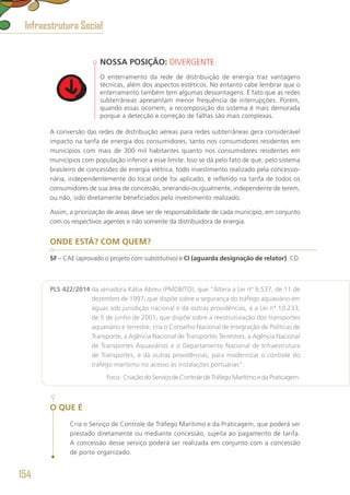 NOSSA POSIÇÃO: DIVERGENTE
O enterramento da rede de distribuição de energia traz vantagens
técnicas, além dos aspectos estéticos. No entanto cabe lembrar que o
enterramento também tem algumas desvantagens. É fato que as redes
subterrâneas apresentam menor frequência de interrupções. Porém,
quando essas ocorrem, a recomposição do sistema é mais demorada
porque a detecção e correção de falhas são mais complexas.
A conversão das redes de distribuição aéreas para redes subterrâneas gera considerável
impacto na tarifa de energia dos consumidores, tanto nos consumidores residentes em
municípios com mais de 300 mil habitantes quanto nos consumidores residentes em
municípios com população inferior a esse limite. Isso se dá pelo fato de que, pelo sistema
brasileiro de concessões de energia elétrica, todo investimento realizado pela concessio-
nária, independentemente do local onde foi aplicado, é refletido na tarifa de todos os
consumidores de sua área de concessão, onerando-os igualmente, independente de terem,
ou não, sido diretamente beneficiados pelo investimento realizado.
Assim, a priorização de áreas deve ser de responsabilidade de cada município, em conjunto
com os respectivos agentes e não somente da distribuidora de energia.
ONDE ESTÁ? COM QUEM?
SF – CAE (aprovado o projeto com substitutivo) e CI (aguarda designação de relator). CD.
PLS 422/2014 da senadora Kátia Abreu (PMDB/TO), que “Altera a Lei nº 9.537, de 11 de
dezembro de 1997, que dispõe sobre a segurança do tráfego aquaviário em
águas sob jurisdição nacional e dá outras providências, e a Lei nº 10.233,
de 5 de junho de 2001, que dispõe sobre a reestruturação dos transportes
aquaviário e terrestre, cria o Conselho Nacional de Integração de Políticas de
Transporte, a Agência Nacional de Transportes Terrestres, a Agência Nacional
de Transportes Aquaviários e o Departamento Nacional de Infraestrutura
de Transportes, e dá outras providências, para modernizar o controle do
tráfego marítimo no acesso às instalações portuárias”.
	 Foco: Criação do Serviço de Controle de Tráfego Marítimo e da Praticagem.
O QUE É
Cria o Serviço de Controle de Tráfego Marítimo e da Praticagem, que poderá ser
prestado diretamente ou mediante concessão, sujeita ao pagamento de tarifa.
A concessão desse serviço poderá ser realizada em conjunto com a concessão
de porto organizado.
Infraestrutura Social
154
 