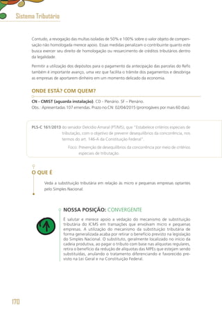 Contudo, a revogação das multas isoladas de 50% e 100% sobre o valor objeto de compen-
sação não homologada merece apoio. Essas medidas penalizam o contribuinte quanto este
busca exercer seu direito de homologação ou ressarcimento de créditos tributários dentro
da legalidade.
Permitir a utilização dos depósitos para o pagamento da antecipação das parcelas do Refis
também é importante avanço, uma vez que facilita o trâmite dos pagamentos e desobriga
as empresas de aportarem dinheiro em um momento delicado da economia.
ONDE ESTÁ? COM QUEM?
CN - CMIST (aguarda instalação). CD - Plenário. SF – Plenário.
Obs.: Apresentadas 107 emendas. Prazo no CN: 02/04/2015 (prorrogáveis por mais 60 dias).
PLS-C 161/2013 do senador Delcídio Amaral (PT/MS), que “Estabelece critérios especiais de
tributação, com o objetivo de prevenir desequilíbrios da concorrência, nos
termos do art. 146-A da Constituição Federal”.
	 Foco: Prevenção de desequilíbrios da concorrência por meio de critérios
especiais de tributação.
O QUE É
Veda a substituição tributária em relação às micro e pequenas empresas optantes
pelo Simples Nacional.
NOSSA POSIÇÃO: CONVERGENTE
É salutar e merece apoio a vedação do mecanismo de substituição
tributária do ICMS em transações que envolvam micro e pequenas
empresas. A utilização do mecanismo da substituição tributária de
forma generalizada acaba por retirar o benefício previsto na legislação
do Simples Nacional. O substituto, geralmente localizado no início da
cadeia produtiva, ao pagar o tributo com base nas alíquotas regulares,
retira o benefício da redução de alíquotas das MPEs que estejam sendo
substituídas, anulando o tratamento diferenciando e favorecido pre-
visto na Lei Geral e na Constituição Federal.
Sistema Tributário
170
 