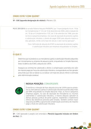 ONDE ESTÁ? COM QUEM?
SF - CAE (aguarda designação de relator) e Plenário. CD.
PLS-C 201/2013 do senador Roberto Requião (PMDB/PR), que “Insere parágrafo no art. 19 da
Lei Complementar nº 123, de 14 de dezembro de 2006 e altera redação do
art. 10 da Lei Complementar nº 87, de 13 de setembro de 1996, para dar
às micro e pequenas empresas, nos casos de aquisição de produtos sujeitos
à substituição tributária, o direito de pagar ICMS pela alíquota máxima a
elas aplicáveis, tendo como base de cálculo o valor real da operação”.
	 Foco: Definição de alíquota do ICMS na aquisição de produtos sujeitos
à substituição tributária por empresas enquadradas no Simples.
O QUE É
Determina que os produtos ou as mercadorias sujeitos à substituição tributária adquiridos
por microempresa ou empresa de pequeno porte, enquadrada no Simples Nacional,
terão incidência do ICMS à alíquota de 3,95%.
Assegura ao contribuinte substituído o direito à compensação automática do valor
do imposto pago por força da substituição tributária, correspondente ao fato gerador
presumido que não se realizar ou se realizar com base de cálculo inferior à estimada
pela Administração estadual.
NOSSA POSIÇÃO: CONVERGENTE
É meritória a intenção de fixar alíquota única de 3,95% para os produ-
tos ou mercadorias sujeitos à substituição tributária quando adquiridos
por MPE enquadrada no Simples Nacional. Hoje, as micro e pequenas
empresas pagam, no caso de aquisição de mercadorias ou insumos
submetidos à substituição tributária, a mesma alíquota aplicável às
demais pessoas jurídicas de porte superior, impedindo o implemento
efetivo dos benefícios previstos pelo Simples. Também confere maior
segurança às MPEs a garantia de compensação automática do imposto
pago a título de substituição tributária.
ONDE ESTÁ? COM QUEM?
SF – CAE (aprovado o projeto com emendas) e Plenário (aguarda inclusão em Ordem
do Dia). CD.
Agenda Legislativa da Indústria 2015
171
 