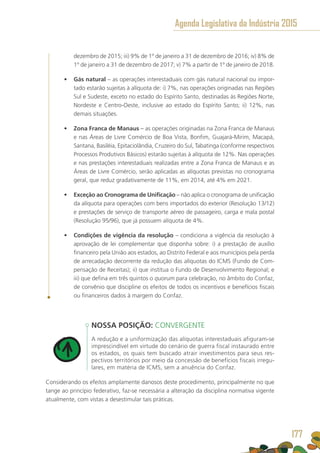 dezembro de 2015; iii) 9% de 1º de janeiro a 31 de dezembro de 2016; iv) 8% de
1º de janeiro a 31 de dezembro de 2017; v) 7% a partir de 1º de janeiro de 2018.
•	 Gás natural – as operações interestaduais com gás natural nacional ou impor-
tado estarão sujeitas à alíquota de: i) 7%, nas operações originadas nas Regiões
Sul e Sudeste, exceto no estado do Espírito Santo, destinadas às Regiões Norte,
Nordeste e Centro-Oeste, inclusive ao estado do Espírito Santo; ii) 12%, nas
demais situações.
•	 Zona Franca de Manaus – as operações originadas na Zona Franca de Manaus
e nas Áreas de Livre Comércio de Boa Vista, Bonfim, Guajará-Mirim, Macapá,
Santana, Basiléia, Epitaciolândia, Cruzeiro do Sul, Tabatinga (conforme respectivos
Processos Produtivos Básicos) estarão sujeitas à alíquota de 12%. Nas operações
e nas prestações interestaduais realizadas entre a Zona Franca de Manaus e as
Áreas de Livre Comércio, serão aplicadas as alíquotas previstas no cronograma
geral, que reduz gradativamente de 11%, em 2014, até 4% em 2021.
•	 Exceção ao Cronograma de Unificação – não aplica o cronograma de unificação
da alíquota para operações com bens importados do exterior (Resolução 13/12)
e prestações de serviço de transporte aéreo de passageiro, carga e mala postal
(Resolução 95/96), que já possuem alíquota de 4%.
•	 Condições de vigência da resolução – condiciona a vigência da resolução à
aprovação de lei complementar que disponha sobre: i) a prestação de auxílio
financeiro pela União aos estados, ao Distrito Federal e aos municípios pela perda
de arrecadação decorrente da redução das alíquotas do ICMS (Fundo de Com-
pensação de Receitas); ii) que institua o Fundo de Desenvolvimento Regional; e
iii) que defina em três quintos o quorum para celebração, no âmbito do Confaz,
de convênio que discipline os efeitos de todos os incentivos e benefícios fiscais
ou financeiros dados à margem do Confaz.
NOSSA POSIÇÃO: CONVERGENTE
A redução e a uniformização das alíquotas interestaduais afiguram-se
imprescindível em virtude do cenário de guerra fiscal instaurado entre
os estados, os quais tem buscado atrair investimentos para seus res-
pectivos territórios por meio da concessão de benefícios fiscais irregu-
lares, em matéria de ICMS, sem a anuência do Confaz.
Considerando os efeitos amplamente danosos deste procedimento, principalmente no que
tange ao princípio federativo, faz-se necessária a alteração da disciplina normativa vigente
atualmente, com vistas a desestimular tais práticas.
Agenda Legislativa da Indústria 2015
177
 