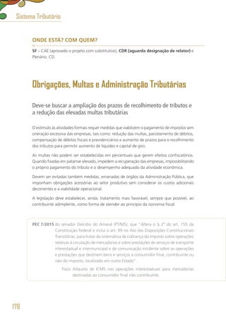ONDE ESTÁ? COM QUEM?
SF – CAE (aprovado o projeto com substitutivo), CDR (aguarda designação de relator) e
Plenário. CD.
Obrigações, Multas e Administração Tributárias
Deve-se buscar a ampliação dos prazos de recolhimento de tributos e
a redução das elevadas multas tributárias
O estímulo às atividades formais requer medidas que viabilizem o pagamento de impostos sem
oneração excessiva das empresas, tais como: redução das multas, parcelamento de débitos,
compensação de débitos fiscais e previdenciários e aumento de prazos para o recolhimento
dos tributos para permitir aumento de liquidez e capital de giro.
As multas não podem ser estabelecidas em percentuais que gerem efeitos confiscatórios.
Quando fixadas em patamar elevado, impedem a recuperação das empresas, impossibilitando
o próprio pagamento do tributo e o desempenho adequado da atividade econômica.
Devem ser evitadas também medidas, emanadas de órgãos da Administração Pública, que
imponham obrigações acessórias ao setor produtivo sem considerar os custos adicionais
decorrentes e a viabilidade operacional.
A legislação deve estabelecer, ainda, tratamento mais favorável, sempre que possível, ao
contribuinte adimplente, como forma de atender ao princípio da isonomia fiscal.
PEC 7/2015 do senador Delcídio do Amaral (PT/MS), que “Altera o § 2º do art. 155 da
Constituição Federal e inclui o art. 99 no Ato das Disposições Constitucionais
Transitórias, para tratar da sistemática de cobrança do imposto sobre operações
relativas à circulação de mercadorias e sobre prestações de serviços de transporte
interestadual e intermunicipal e de comunicação incidente sobre as operações
e prestações que destinem bens e serviços a consumidor final, contribuinte ou
não do imposto, localizado em outro Estado”.
	 Foco: Alíquota de ICMS nas operações interestaduais para mercadorias
destinadas ao consumidor final não contribuinte.
Sistema Tributário
178
 