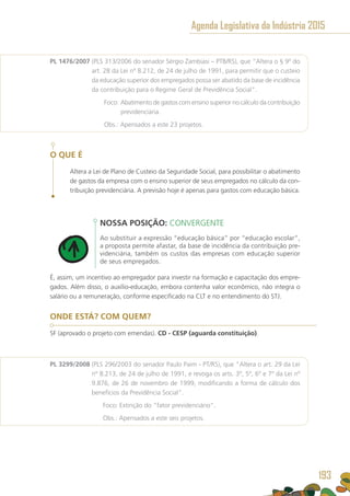 PL 1476/2007 (PLS 313/2006 do senador Sérgio Zambiasi – PTB/RS), que “Altera o § 9º do
art. 28 da Lei nº 8.212, de 24 de julho de 1991, para permitir que o custeio
da educação superior dos empregados possa ser abatido da base de incidência
da contribuição para o Regime Geral de Previdência Social”.
	 Foco: Abatimento de gastos com ensino superior no cálculo da contribuição
previdenciária.
	 Obs.: Apensados a este 23 projetos.
O QUE É
Altera a Lei de Plano de Custeio da Seguridade Social, para possibilitar o abatimento
de gastos da empresa com o ensino superior de seus empregados no cálculo da con-
tribuição previdenciária. A previsão hoje é apenas para gastos com educação básica.
NOSSA POSIÇÃO: CONVERGENTE
Ao substituir a expressão “educação básica” por “educação escolar”,
a proposta permite afastar, da base de incidência da contribuição pre-
videnciária, também os custos das empresas com educação superior
de seus empregados.
É, assim, um incentivo ao empregador para investir na formação e capacitação dos empre-
gados. Além disso, o auxílio-educação, embora contenha valor econômico, não integra o
salário ou a remuneração, conforme especificado na CLT e no entendimento do STJ.
ONDE ESTÁ? COM QUEM?
SF (aprovado o projeto com emendas). CD - CESP (aguarda constituição).
PL 3299/2008 (PLS 296/2003 do senador Paulo Paim - PT/RS), que “Altera o art. 29 da Lei
nº 8.213, de 24 de julho de 1991, e revoga os arts. 3º, 5º, 6º e 7º da Lei nº
9.876, de 26 de novembro de 1999, modificando a forma de cálculo dos
benefícios da Previdência Social”.
	 Foco: Extinção do “fator previdenciário”.
	 Obs.: Apensados a este seis projetos.
Agenda Legislativa da Indústria 2015
193
 