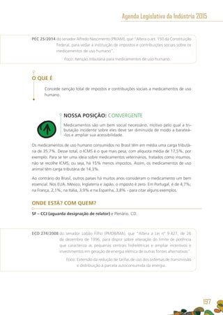 PEC 25/2014 do senador Alfredo Nascimento (PR/AM), que “Altera o art. 150 da Constituição
Federal, para vedar a instituição de impostos e contribuições sociais sobre os
medicamentos de uso humano”.
	 Foco: Isenção tributária para medicamentos de uso humano.		
O QUE É
Concede isenção total de impostos e contribuições sociais a medicamentos de uso
humano.
NOSSA POSIÇÃO: CONVERGENTE
Medicamentos são um bem social necessário, motivo pelo qual a tri-
butação incidente sobre eles deve ser diminuída de modo a barateá-
-los e ampliar sua acessibilidade.
Os medicamentos de uso humano consumidos no Brasil têm em média uma carga tributá-
ria de 35,7%. Desse total, o ICMS é o que mais pesa, com alíquota média de 17,5%, por
exemplo. Para se ter uma ideia sobre medicamentos veterinários, tratados como insumos,
não se recolhe ICMS, ou seja, há 15% menos impostos. Assim, os medicamentos de uso
animal têm carga tributária de 14,3%.
Ao contrário do Brasil, outros países há muitos anos consideram o medicamento um bem
essencial. Nos EUA, México, Inglaterra e Japão, o imposto é zero. Em Portugal, é de 4,7%;
na França, 2,1%; na Itália, 3,9% e na Espanha, 3,8% - para citar alguns exemplos.
ONDE ESTÁ? COM QUEM?
SF – CCJ (aguarda designação de relator) e Plenário. CD.
ECD 274/2008 do senador Lobão Filho (PMDB/MA), que “Altera a Lei nº 9.427, de 26
de dezembro de 1996, para dispor sobre alteração do limite de potência
que caracteriza as pequenas centrais hidrelétricas e ampliar incentivos e
investimentos em geração de energia elétrica de outras fontes alternativas”.
	 Foco: Extensão da redução de tarifas de uso dos sistemas de transmissão
e distribuição à parcela autoconsumida da energia.
Agenda Legislativa da Indústria 2015
197
 