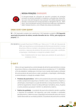 NOSSA POSIÇÃO: DIVERGENTE
A obrigatoriedade de utilização de vestuário completo de proteção
encarece os serviços prestados e inviabiliza a utilização das motocicle-
tas como meio de transporte mais acessível. Os coletes possuem preço
elevado e necessitam de recarga periódica e obrigatória de CO2
. Além
disso, não há produção nacional suficiente de modo que a obrigatorie-
dade imediata levaria a uma inflação dos preços já praticados.
ONDE ESTÁ? COM QUEM?
SF – CAS (aprovado o projeto com substitutivo), CAE (rejeitado o projeto) e CCJ (aguarda
apreciação do parecer do relator, senador Benedito de Lira - PP/AL, pela rejeição do
projeto). CD.
PLS 50/2013 do senador Paulo Davim (PV/RN), que “Altera a Lei nº 11.265, de 3 de janeiro de
2006, que regulamenta a comercialização de alimentos para lactentes e crianças
de primeira infância e também a de produtos de puericultura correlatos, para
aumentar a segurança de produtos de puericultura e para vedar a produção,
a importação, a distribuição e a doação de andador infantil”.
	 Foco: Estabelecimento de novas regras para produtos de puericultura e
andadores infantis.
O QUE É
Altera a lei que regulamenta a comercialização de alimentos para lactentes e crianças
de primeira infância e a de produtos de puericultura correlatos (Lei nº 11.265/2006),
a fim de estabelecer medidas para minimizar riscos à saúde relacionados à utilização
de outros produtos de puericultura e vedar a produção, a importação, a distribuição,
a comercialização e a doação de andador infantil.
•	 Produtos de puericultura – define como produtos de puericultura aqueles des-
tinados a proporcionar segurança e a facilitar o sono, o relaxamento, a higiene, a
alimentação, a locomoção e a sucção de lactentes e crianças de primeira infância,
conforme regulamento. Excluem-se dessa definição mamadeiras, bicos, chupetas
e outros produtos que possam interferir no aleitamento materno.
•	 Padrão de qualidade – os produtos de puericultura deverão atender a padrões
e requisitos de qualidade e de segurança, que serão revisados e atualizados
periodicamente, e determina que a população será esclarecida acerca de riscos à
saúde relacionados ao uso desses produtos. Os produtos de puericultura conterão
Agenda Legislativa da Indústria 2015
201
 
