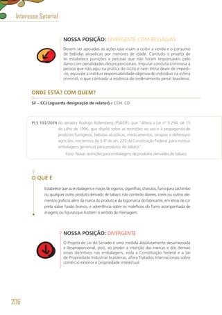 NOSSA POSIÇÃO: DIVERGENTE COM RESSALVAS
Devem ser apoiadas as ações que visam a coibir a venda e o consumo
de bebidas alcoólicas por menores de idade. Contudo o projeto de
lei estabelece punições a pessoas que não foram responsáveis pelo
dano com penalidades desproporcionais. Imputar conduta criminosa a
pessoa que não agiu na prática do ilícito e nem tinha dever de impedi-
-lo, equivale a instituir responsabilidade objetiva do indivíduo na esfera
criminal, o que contradiz a essência do ordenamento penal brasileiro.
ONDE ESTÁ? COM QUEM?
SF – CCJ (aguarda designação de relator) e CDH. CD.
PLS 103/2014 do senador Rodrigo Rollemberg (PSB/DF), que “Altera a Lei nº 9.294, de 15
de julho de 1996, que dispõe sobre as restrições ao uso e à propaganda de
produtos fumígeros, bebidas alcoólicas, medicamentos, terapias e defensivos
agrícolas, nos termos do § 4º do art. 220 da Constituição Federal, para instituir
embalagens genéricas para produtos de tabaco”.
	 Foco: Novas restrições para embalagens de produtos derivados do tabaco	
O QUE É
Estabelecequeasembalagensemaçosdecigarros,cigarrilhas,charutos,fumoparacachimbo
ou qualquer outro produto derivado de tabaco não conterão dizeres, cores ou outros ele-
mentos gráficos além da marca do produto e da logomarca do fabricante, em letras de cor
preta sobre fundo branco, e advertência sobre os malefícios do fumo acompanhada de
imagens ou figuras que ilustrem o sentido da mensagem.
NOSSA POSIÇÃO: DIVERGENTE
O Projeto de Lei do Senado é uma medida absolutamente desarrazoada
e desproporcional, pois, ao proibir a inserção das marcas e dos demais
sinais distintivos nas embalagens, viola a Constituição Federal e a Lei
de Propriedade Industrial brasileiras, afora Tratados Internacionais sobre
comércio exterior e propriedade intelectual.
Interesse Setorial
206
 
