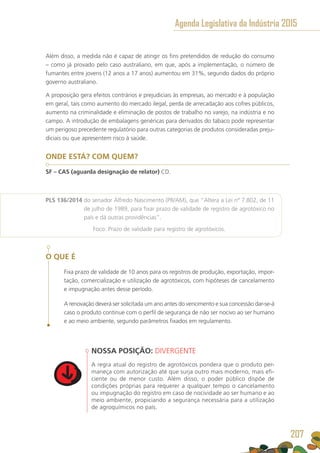 Além disso, a medida não é capaz de atingir os fins pretendidos de redução do consumo
– como já provado pelo caso australiano, em que, após a implementação, o número de
fumantes entre jovens (12 anos a 17 anos) aumentou em 31%, segundo dados do próprio
governo australiano.
A proposição gera efeitos contrários e prejudiciais às empresas, ao mercado e à população
em geral, tais como aumento do mercado ilegal, perda de arrecadação aos cofres públicos,
aumento na criminalidade e eliminação de postos de trabalho no varejo, na indústria e no
campo. A introdução de embalagens genéricas para derivados do tabaco pode representar
um perigoso precedente regulatório para outras categorias de produtos consideradas preju-
diciais ou que apresentem risco à saúde.
ONDE ESTÁ? COM QUEM?
SF – CAS (aguarda designação de relator) CD.
PLS 136/2014 do senador Alfredo Nascimento (PR/AM), que “Altera a Lei nº 7.802, de 11
de julho de 1989, para fixar prazo de validade de registro de agrotóxico no
país e dá outras providências”.
	 Foco: Prazo de validade para registro de agrotóxicos.
O QUE É
Fixa prazo de validade de 10 anos para os registros de produção, exportação, impor-
tação, comercialização e utilização de agrotóxicos, com hipóteses de cancelamento
e impugnação antes desse período.
A renovação deverá ser solicitada um ano antes do vencimento e sua concessão dar-se-á
caso o produto continue com o perfil de segurança de não ser nocivo ao ser humano
e ao meio ambiente, segundo parâmetros fixados em regulamento.
NOSSA POSIÇÃO: DIVERGENTE
A regra atual do registro de agrotóxicos pondera que o produto per-
maneça com autorização até que surja outro mais moderno, mais efi-
ciente ou de menor custo. Além disso, o poder público dispõe de
condições próprias para requerer a qualquer tempo o cancelamento
ou impugnação do registro em caso de nocividade ao ser humano e ao
meio ambiente, propiciando a segurança necessária para a utilização
de agroquímicos no país.
Agenda Legislativa da Indústria 2015
207
 