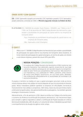 ONDE ESTÁ? COM QUEM?
CD – CDEIC (aprovado o projeto com emenda), CDC (rejeitado o projeto), CCJC (aprovado o
projeto adotando a emenda da CDEIC) e Plenário (aguarda inclusão na Ordem do Dia).
PL 6716/2009 (PLS 184/2004 do senador Paulo Octávio – DEM/DF), que “Altera a Lei nº
7.565, de 19 de dezembro de 1986 (Código Brasileiro de Aeronáutica), para
ampliar a possibilidade de participação do capital externo nas empresas de
transporte aéreo”.
	 Foco: Ampliação da possibilidade de participação do capital externo nas
empresas de transporte aéreo.
	 Obs.: Apensados a este 59 projetos.
O QUE É
Altera a Lei nº 7.565/86 (Código Brasileiro de Aeronáutica) para ampliar a possibilidade
de participação do capital externo nas empresas de transporte aéreo brasileiras. O
limite máximo de participação de capital estrangeiro, em termos de ações com direito
a voto dessas empresas, passará dos atuais 20% para 49%.
NOSSA POSIÇÃO: CONVERGENTE
A mudança do Código Brasileiro de Aeronáutica (CBA) mostra-se não
somente necessária, mas sobretudo urgente, já que esta lei, que rege
a dinâmica indústria aeroespacial, tem grande impacto na competitivi-
dade do setor frente aos competidores internacionais. Não obstante à
sua importância, a Lei, publicada em 1986 e, portanto, antes mesmo
de nossa Carta Magna, encontra-se, em sua maior parte, defasada,
não endereçando adequadamente as necessidades da sociedade e da
economia brasileiras.
O projeto é meritório na medida em que o capital estrangeiro seria bem vindo ao tornar
nossas empresas aéreas mais sólidas no mesmo diapasão do que viria ocorrendo em diversos
países. Novos investidores poderão capitalizar as empresas em dificuldades, tornando-as
financeiramente mais sólidas e competitivas. Além disso, novos recursos permitirão ampliar
a oferta de transporte aéreo, não apenas beneficiando os passageiros, mas também gerando
empregos e fomentando o turismo.
Adicionalmente, a fim de aprimorar o CBA, devem-se atribuir ao Código instrumentos para
o aumento da eficiência na certificação de produtos aeronáuticos, criar mecanismos legais
para compelir a agência reguladora a adotar a Certificação de Projeto baseada em critérios
técnicos pré-estabelecidos, além de aplicar um conjunto de metas e indicadores que permitam
o acompanhamento da atuação da agência neste campo.
Agenda Legislativa da Indústria 2015
215
 
