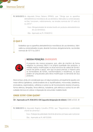 PL 5410/2013 do deputado Dimas Fabiano (PP/MG), que “Obriga que os aparelhos
eletroeletrônicos monofásicos de uso doméstico, fabricados ou comercializados
no País, funcionem, indistintamente, nas tensões nominais de 127 volts (V)
ou 220 V”.
	 Foco: Obrigatoriedade de tensões bivolts em produtos eletroeletrônicos
de uso doméstico.
	 Obs.: Apensado ao PL 3536/2012.
O QUE É
Estabelece que os aparelhos eletroeletrônicos monofásicos de uso doméstico, fabri-
cados ou comercializados no país, deverão funcionar, obrigatoriamente, nas tensões
nominais de 127 V ou 220 V.
NOSSA POSIÇÃO: DIVERGENTE
A proposta não merece prosperar, pois, além de interferir de forma
negativa no processo fabril e na própria qualidade dos produtos, a
medida implica modificações na atual estrutura da cadeia de forneci-
mento de partes e peças, sem que se possa precisar o impacto para
os fornecedores de fontes, transformadores e resistências, os quais
podem ser prejudicados pela óbvia modificação na demanda de seus
produtos.
Deve-se levar, ainda, em consideração que, em alguns produtos, principalmente aqueles com
motor elétrico (geladeiras, condicionadores de ar, liquidificadores, micro-ondas, batedeiras,
enceradeiras, espremedores, cafeteiras e outros) ou de funcionamento resistivo (chuveiros,
fornos elétricos, lâmpadas, ferros elétricos, tostadeiras, grils elétricos e outros) há sim difi-
culdades técnicas em colocar à disposição do consumidor modelos bivolt.
ONDE ESTÁ? COM QUEM?
CD – Apensado ao PL 3536/2012: CDC (aguarda designação de relator), CDEIC e CCJC. SF.
PL 5608/2013 do deputado Rogério Carvalho (PT/SE), que “Regulamenta a publicidade
infantil de alimentos”.
	 Foco: Proibiçãodepublicidadeinfantildealimentoscombaixovalornutricional.
	 Obs.: Apensado ao PL 4815/2009.
Interesse Setorial
224
 
